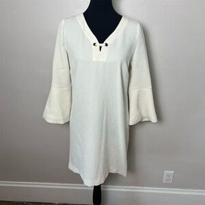 Kensie Textured Bell Sleeve V Neck Tunic Dress Cream Size Medium